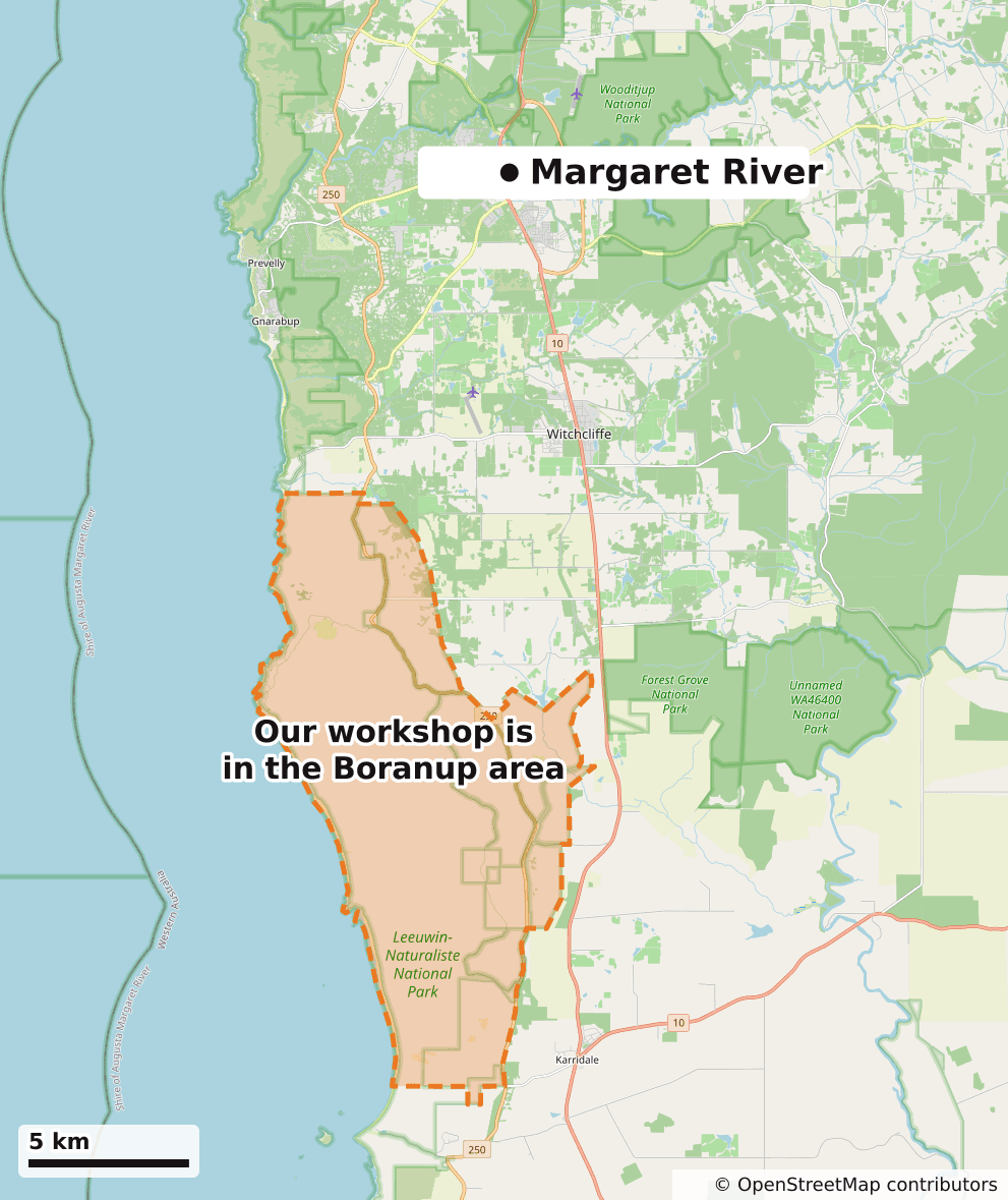 Map of the Margaret River region. Margaret River town is marked near the top, and the Boranup area, where the workshop is, is shaded in orange to the south, between the town and the coast. A scale bar shows 5 kilometres.